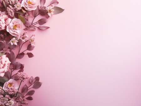 Beautiful pink flowers on pink background. Flat lay, top viewの写真素材