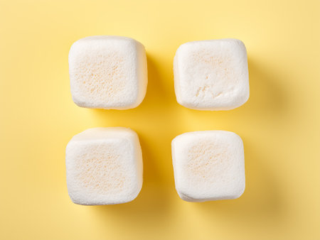 Three white marshmallows on yellow background. Flat lay, top viewの写真素材