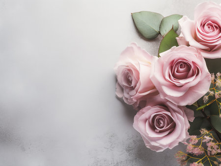 Bouquet of pink roses on a gray background. Top view, copy spaceの写真素材