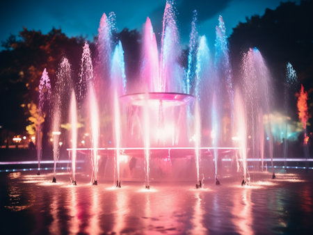 Fountain in the park at night. Colorful fountains.の写真素材
