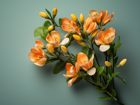 Bouquet of orange freesia flowers on a green backgroundの写真素材