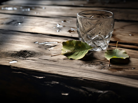 Still life with glass of water and autumn leaves on a wooden backgroundの写真素材