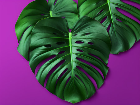Green monstera leaves on a purple background. 3d illustration.の写真素材