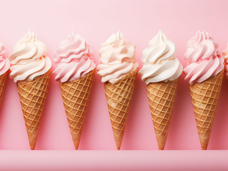 Pink and white ice cream in waffle cones on pastel pink background.の写真素材