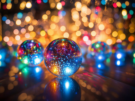 Colorful christmas balls on bokeh background, Christmas background