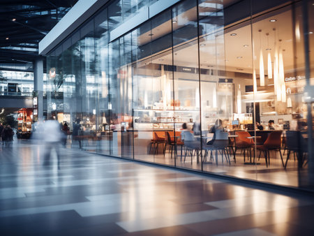 Interior of a modern business center with people walking in the backgroundの写真素材