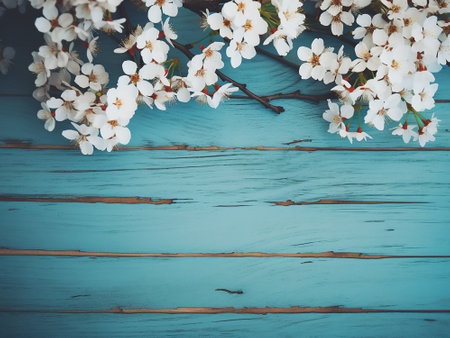 Cherry blossom on blue wooden background with copy space. Top viewの写真素材