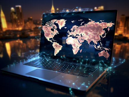 Laptop with world map on screen against cityscape at night 3D renderingの写真素材