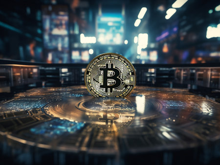 Bitcoin coin on the background of the night city. 3D rendering.の写真素材