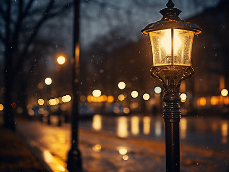 Street lamp on the background of the evening city. Street lamp in the rain.の写真素材