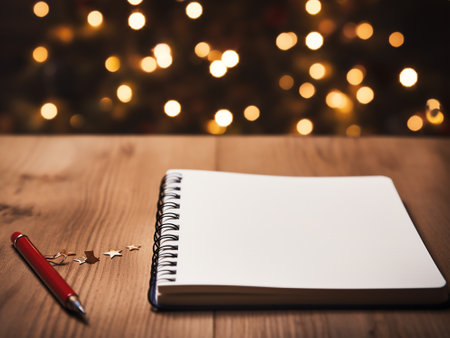 Blank notebook and pencil on wooden table with Christmas tree in backgroundの写真素材
