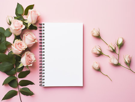 Flowers and notebook on pink background. Flat lay, top viewの写真素材