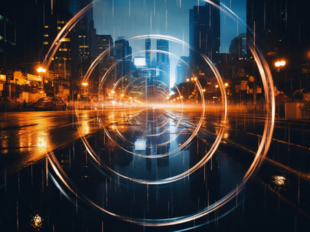 abstract background of night city with lights and reflections on the waterの写真素材