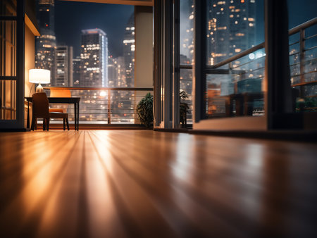 Empty room with wooden floor and night city view. Blurred backgroundの写真素材