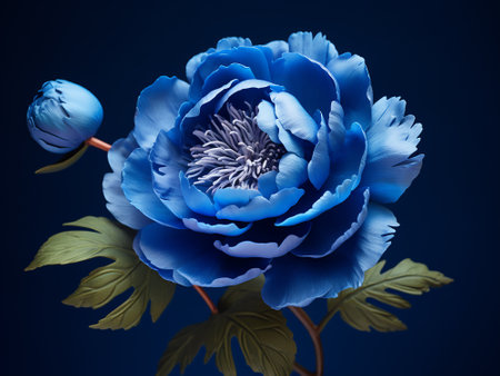 Blue peony flower on blue background. Close-up image.の写真素材