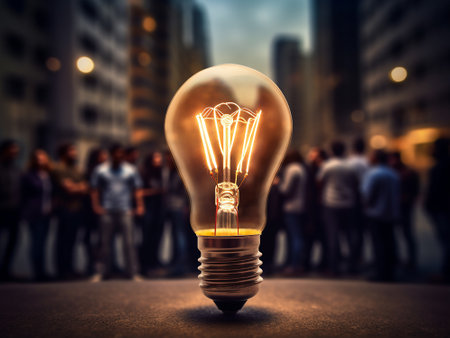 Glowing light bulb in front of a group of people on blurred backgroundの写真素材