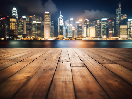 Empty wooden table with Hong Kong cityscape at night, vintage toneの写真素材