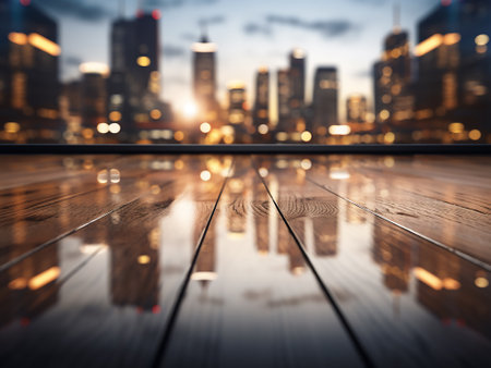 Empty wooden floor with blurred city background. Perspective view. Mock upの写真素材