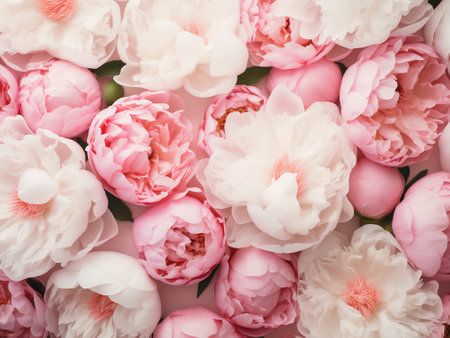 beautiful pink peony flowers as background, top view, flat layの写真素材
