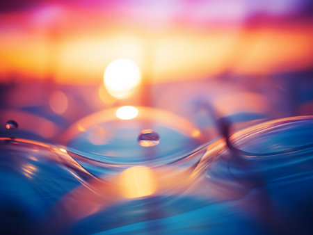 Water drops on the surface of the sea at sunset. Abstract backgroundの写真素材