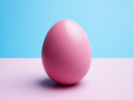 Pink easter egg on pink and blue background. Minimal easter concept.の写真素材