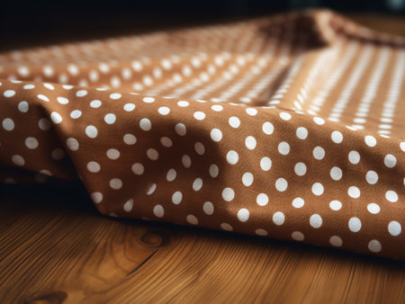 Closeup of a brown polka dot fabric on a wooden tableの写真素材