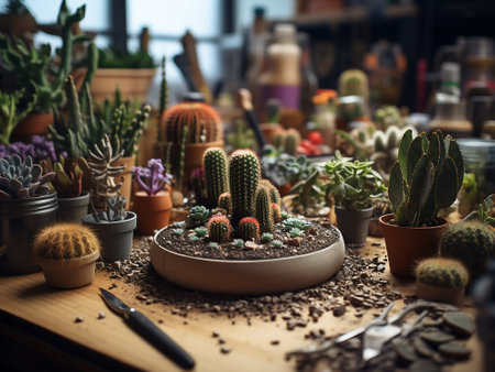 Cactus in pot on wooden table with succulents and tools.の写真素材