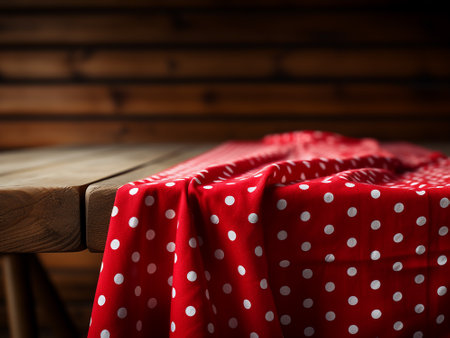 Red polka dot tablecloth on a wooden table. Vintage style.の写真素材