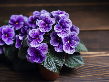 Beautiful violet flowers in a pot on a dark wooden background.