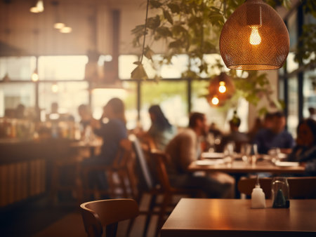 Coffee shop interior with vintage light bulb. Blurred background.の写真素材