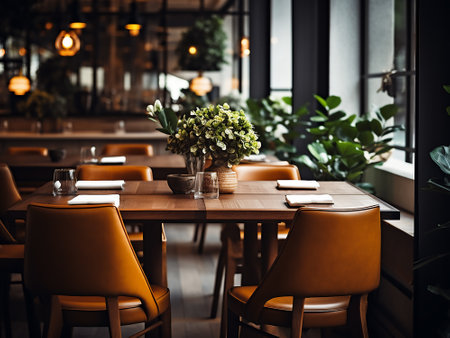 Tables and chairs in a cafe, interior design concept, copy spaceの写真素材