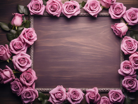 Frame of pink roses on wooden background. Top view with copy spaceの写真素材