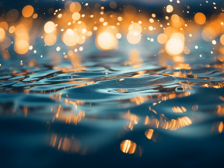 abstract background with bokeh defocused lights and water surfaceの写真素材
