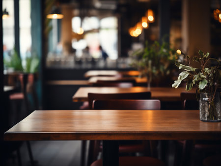 Empty wooden table and chair in coffee shop cafe restaurant. For product displayの写真素材