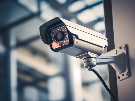 CCTV security camera or surveillance system in office building, vintage toneの写真素材