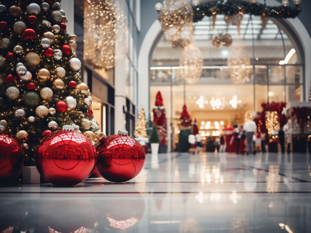 Christmas tree with red baubles in shopping mall, shallow depth of fieldの写真素材