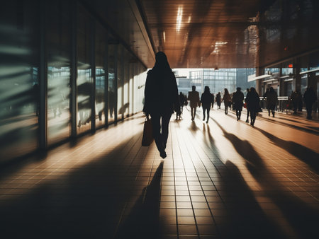 Silhouette of a woman walking in the corridor of an airportの写真素材