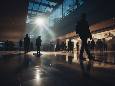 Silhouettes of people walking in the airport at night. Long exposureの写真素材
