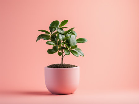 Small plant in a pot on a pink background. Minimal concept.の写真素材
