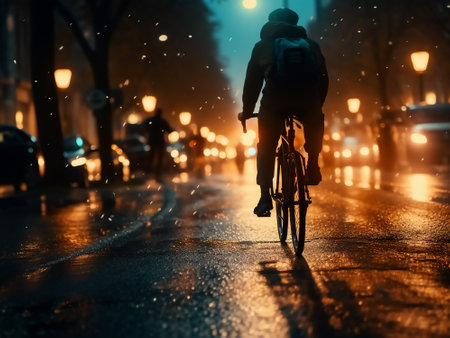 Silhouette of a cyclist on the street at night in the rainの写真素材