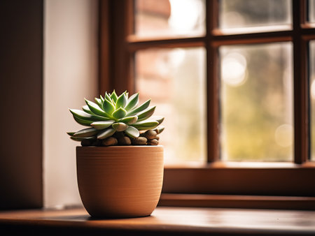 Succulent plant in a clay pot on the windowsill.の写真素材