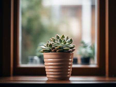 Succulent plant in a pot on the windowsill, selective focusの写真素材