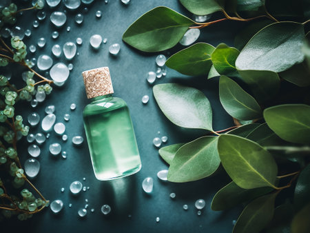 Essential oil with eucalyptus leaves on dark backgroundの写真素材
