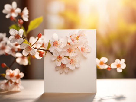Blank greeting card with cherry blossom flowers on table in sunlightの写真素材