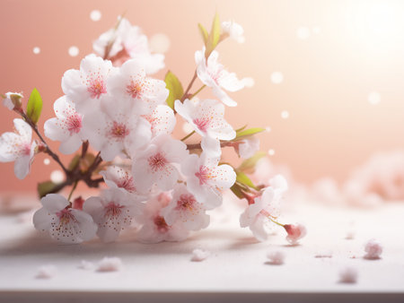cherry blossom on white wooden background with bokeh effectの写真素材