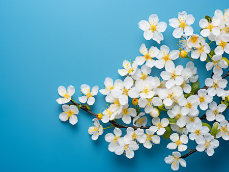 cherry blossom branch on blue background, top view, copy spaceの写真素材