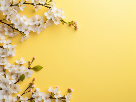 Cherry blossom flowers on yellow background. Flat lay, top viewの写真素材