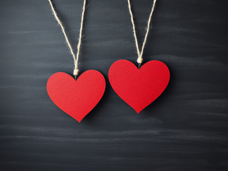 Two red hearts on a blackboard. Valentines day background.の写真素材