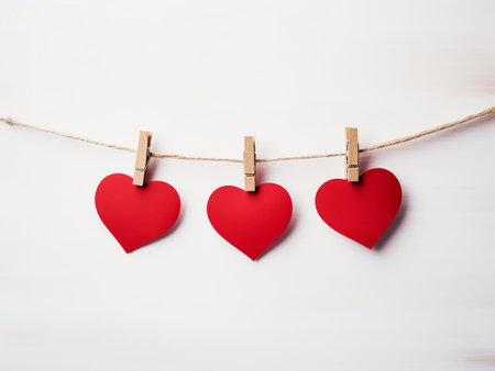 Red paper hearts hanging on a clothesline with clothespins on white backgroundの写真素材