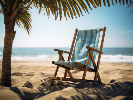 Wooden deck chair on the beach with palm tree in the backgroundの写真素材